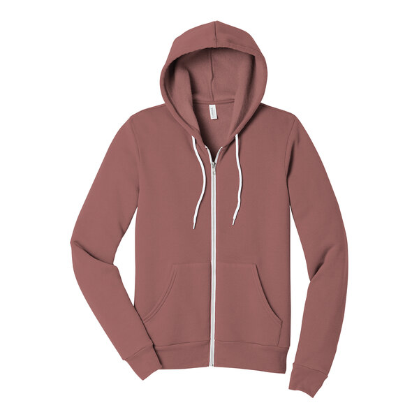 A mauve Bella + Canvas full-zip hoodie with a white zipper.