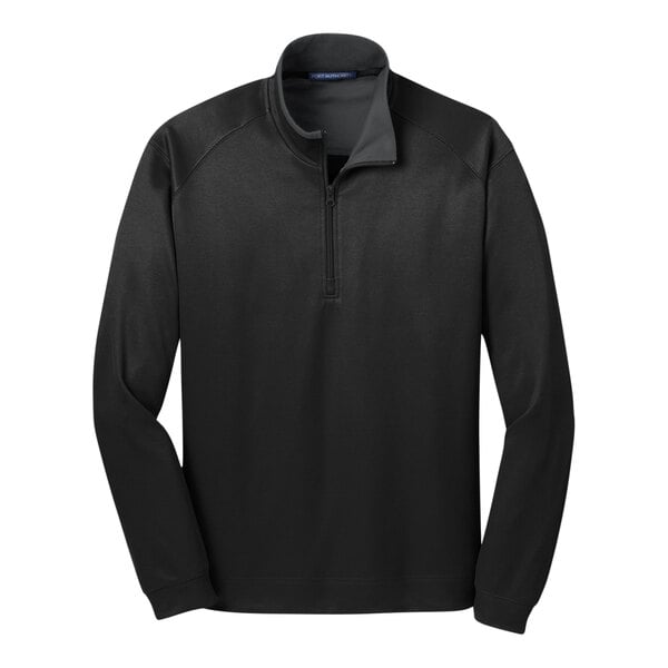 A Port Authority men's black quarter-zip pullover sweater.