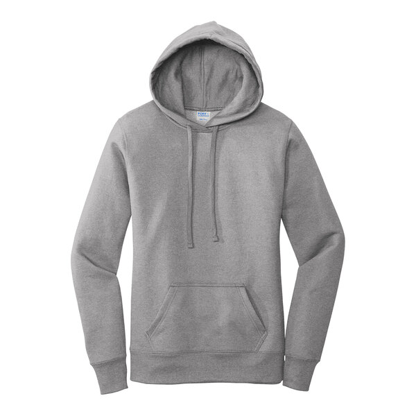 A grey Port & Company ladies' core fleece pullover hoodie.