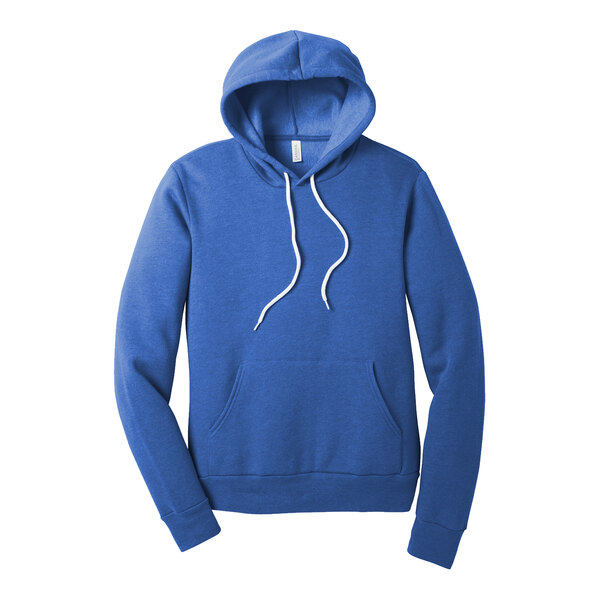 A blue Bella Canvas pullover hoodie with white strings.