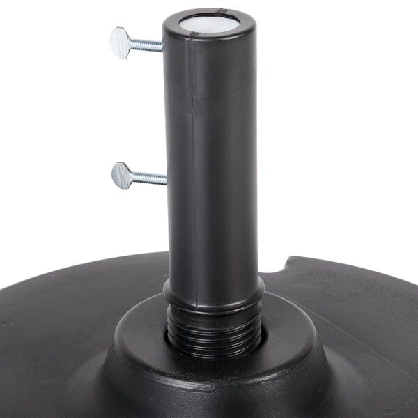 A black plastic Grosfillex umbrella base with a screw on it.