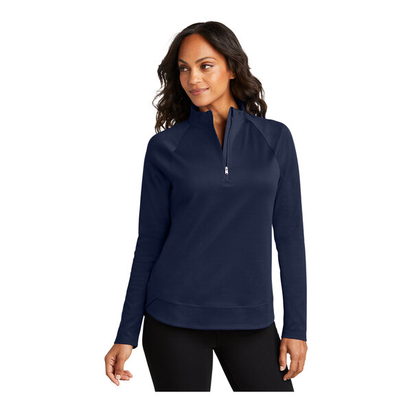 A Port Authority women's navy 1/4 zip sweatshirt.