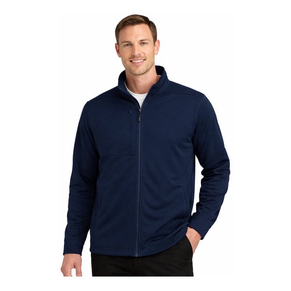 A navy blue unisex full-zip fleece jacket in size medium.