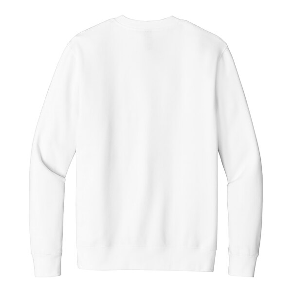 A white District unisex crewneck sweatshirt with long sleeves and a logo on the front.