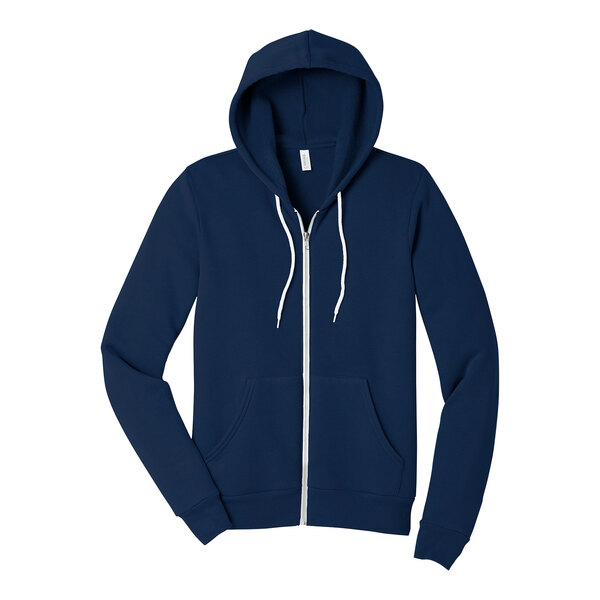 A navy Bella + Canvas zip up hoodie with white zippers.
