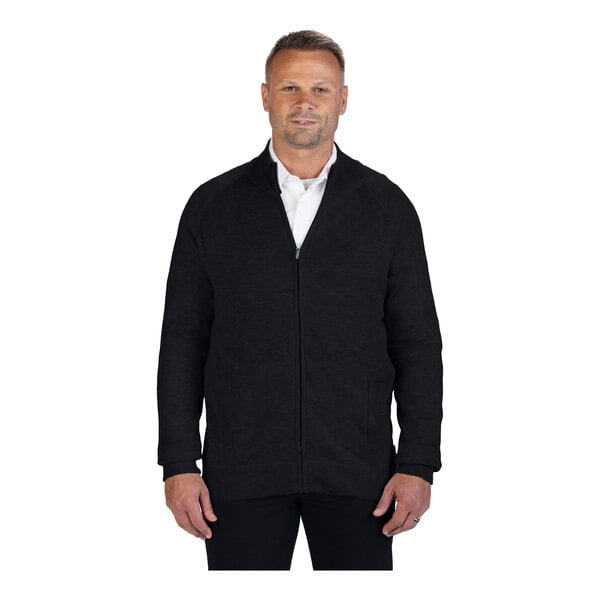 A black unisex full-zip sweater jacket made from an acrylic and nylon blend.