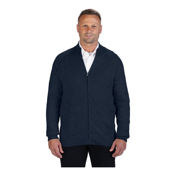 A unisex navy full-zip sweater jacket made from an acrylic and nylon blend.