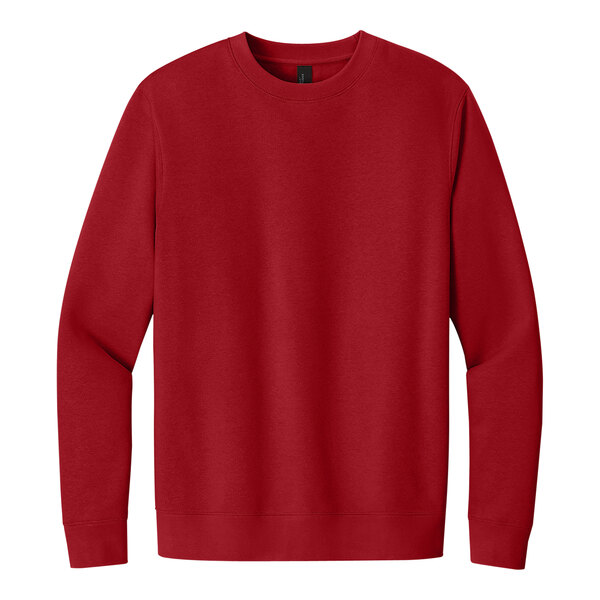 A red District fleece sweatshirt with a black logo on the front.