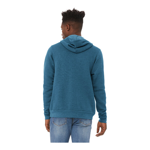 A man wearing a Bella + Canvas heather deep teal hoodie.