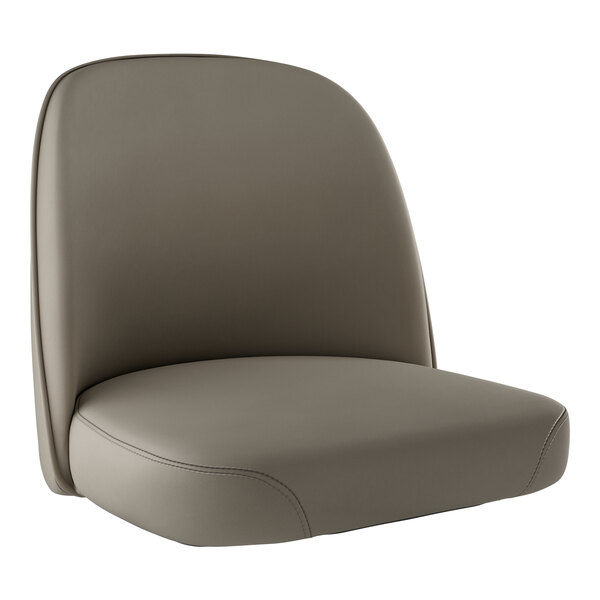 A Lancaster Table & Seating black swivel barstool with a gray vinyl bucket seat. The chair has a gray seat and back.