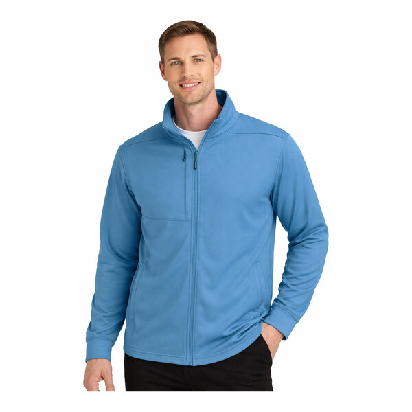 A light blue unisex full-zip fleece jacket with a high collar and long sleeves.