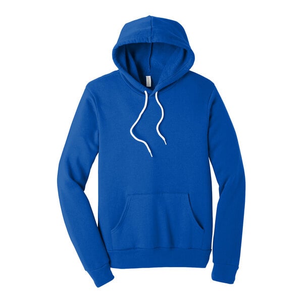 A Bella + Canvas True Royal Sponge Fleece Pullover Hoodie with white strings.