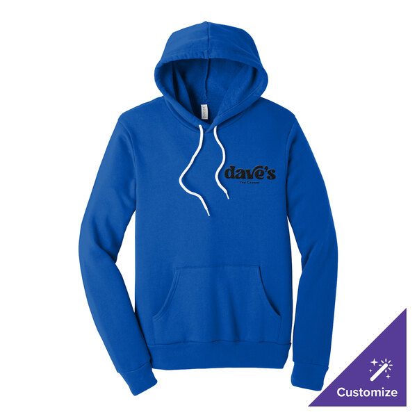 A royal blue unisex pullover hoodie with a front pocket and customizable logo on the chest.