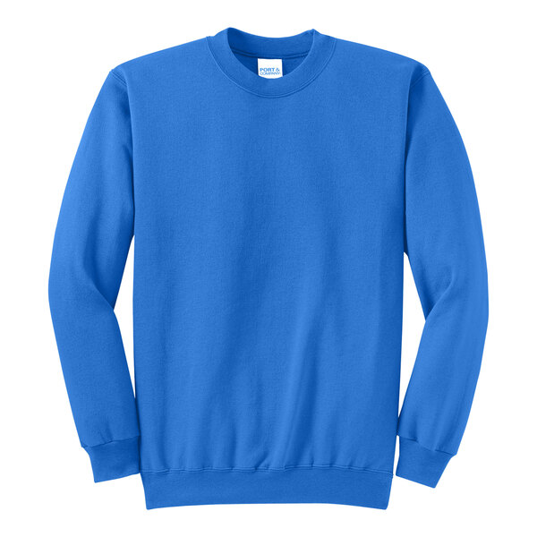 A blue Port & Company Core Fleece sweatshirt.