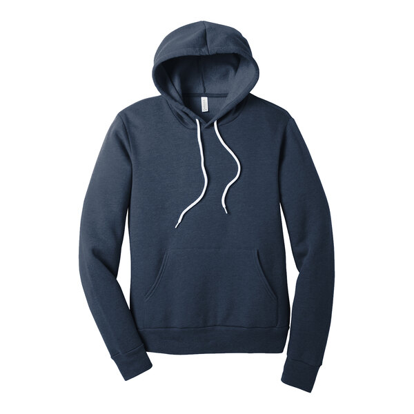A heather navy Bella Canvas sweatshirt with white strings.