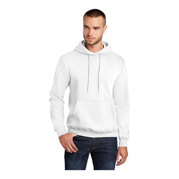 A man wearing a white Port & Company Core Fleece pullover hoodie sweatshirt.