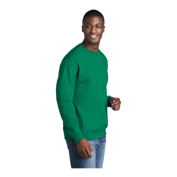 A man wearing a green Port & Company sweatshirt.