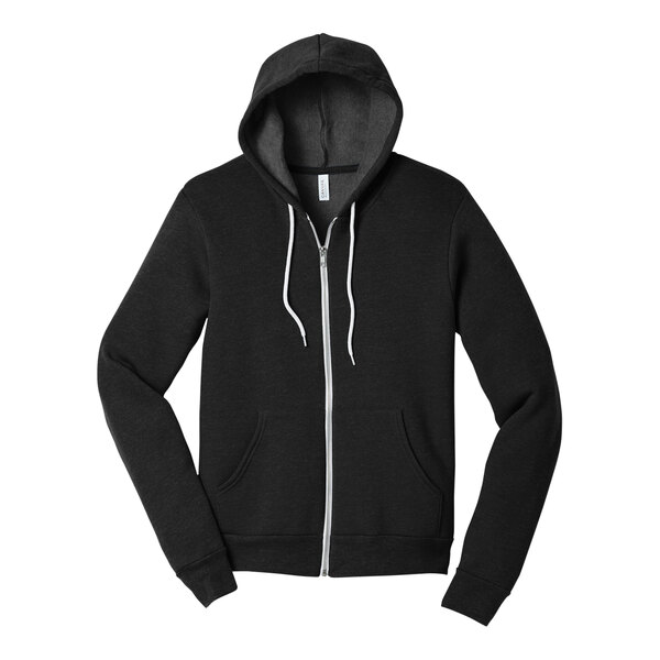 A black zip up hoodie with a white zipper.