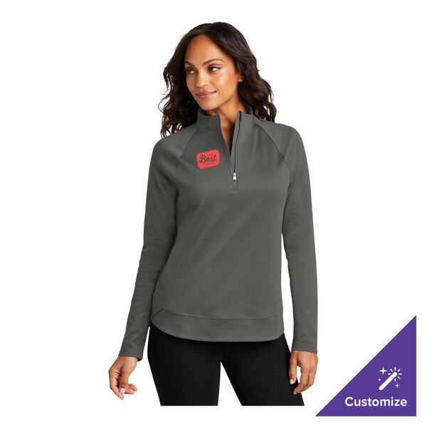 A women's medium gray steel quarter-zip sweatshirt made from a poly/cotton blend, featuring a customizable logo on the chest.