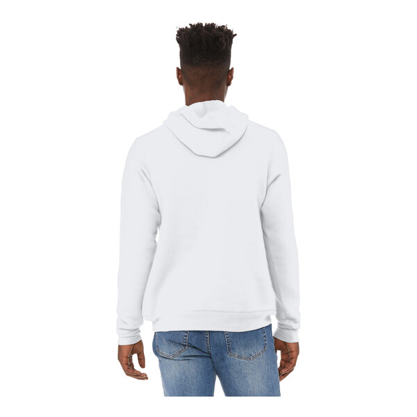 A man wearing a white Bella + Canvas pullover hoodie.