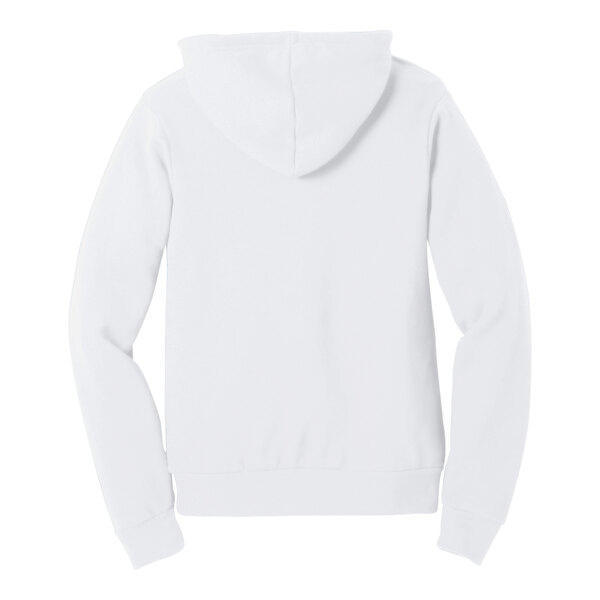 A plain white unisex pullover hoodie sweatshirt shown from the back.