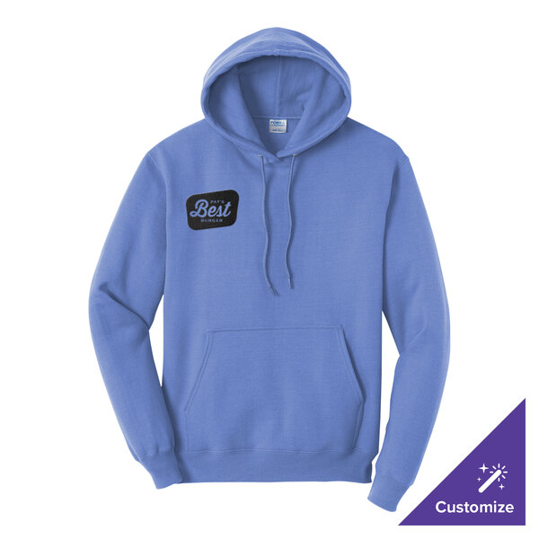 A Carolina blue unisex pullover hoodie sweatshirt with a front pocket and a small customizable patch on the chest.