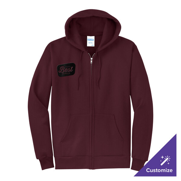 A maroon full-zip hoodie sweatshirt with a small 'Best' patch on the left chest, made from a cotton and polyester blend.