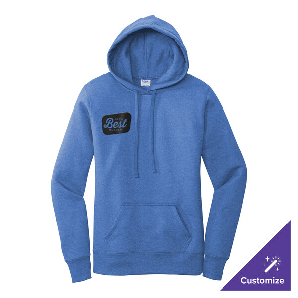 A blue women's pullover hoodie sweatshirt with a front pocket and a small customizable patch on the chest.