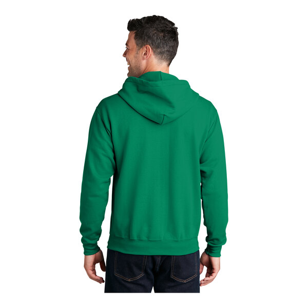 A man wearing a green Port & Company fleece full-zip hoodie.