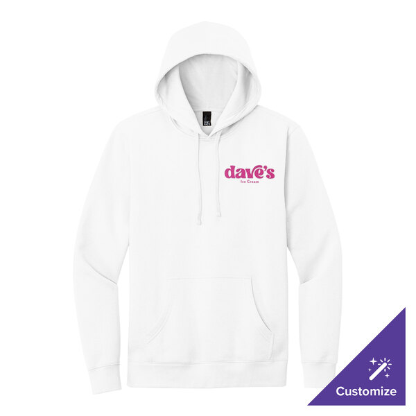 A white unisex fleece hoodie sweatshirt with a front pocket and 'dave's Ice Cream' printed in pink on the chest.
