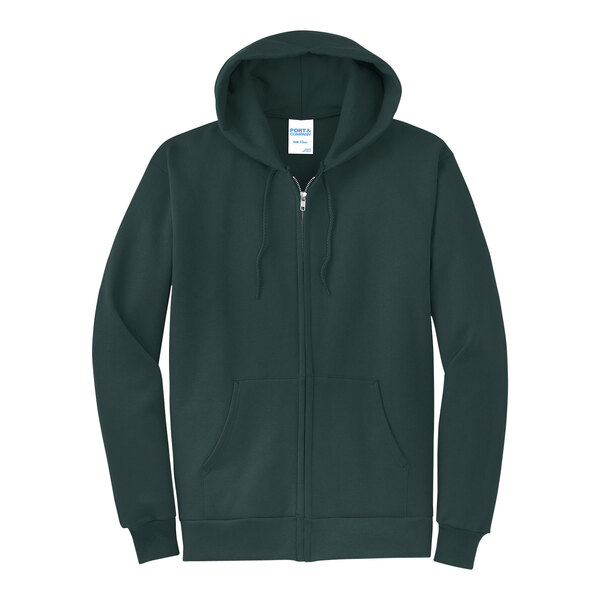 A dark green Port & Company zip up hoodie.