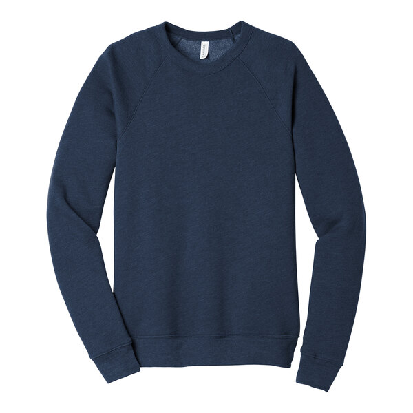 A Bella + Canvas unisex navy sponge fleece raglan sweatshirt with a crew neck.