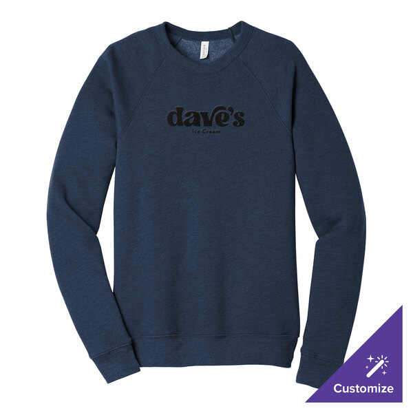 A heather navy unisex crewneck sweatshirt with 'dave's Ice Cream' printed on the front, made from a combed ring-spun cotton and polyester blend.