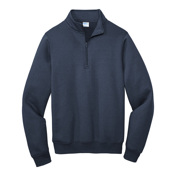 A close-up of a navy Port & Company Core Fleece quarter-zip pullover with a zipper.
