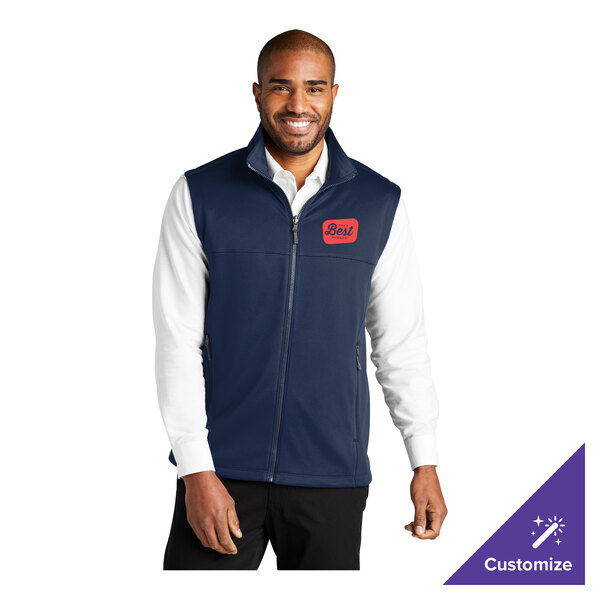 A navy blue unisex fleece vest with a customizable logo on the chest, shown in a large size.