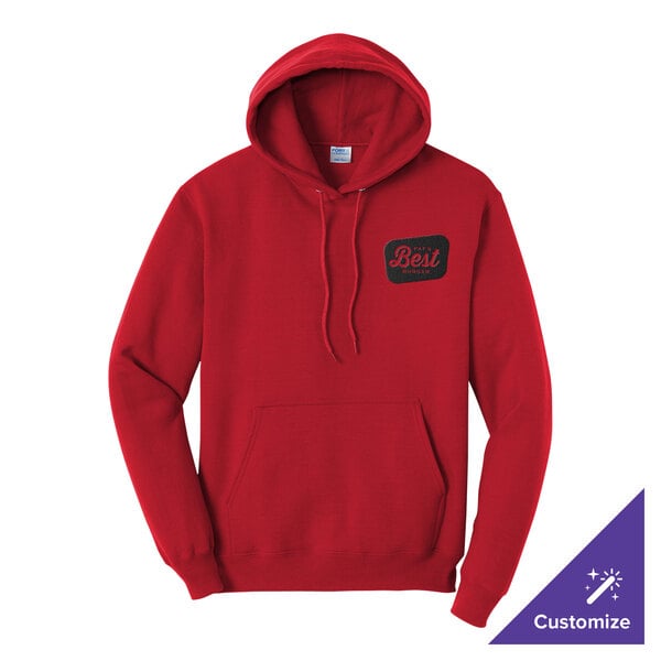 A red unisex pullover hoodie sweatshirt with a front pocket and customizable design.