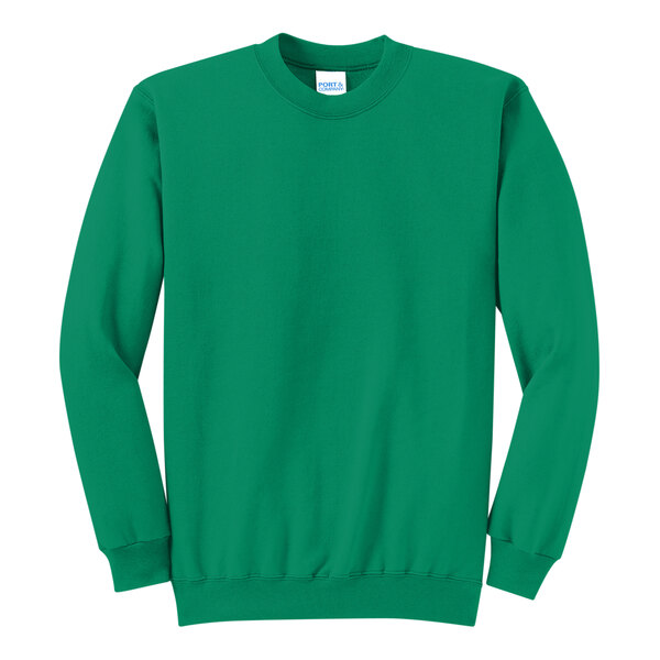 A green Port & Company sweatshirt with a white label on a white background.