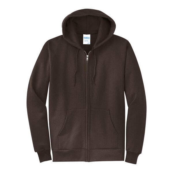 A Port & Company dark chocolate brown zip-up hoodie.