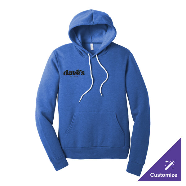 A blue unisex pullover hoodie sweatshirt with a front pocket and customizable logo on the chest.