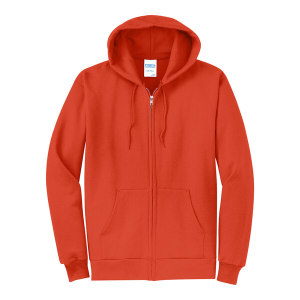 An orange Port & Company full-zip hoodie sweatshirt.