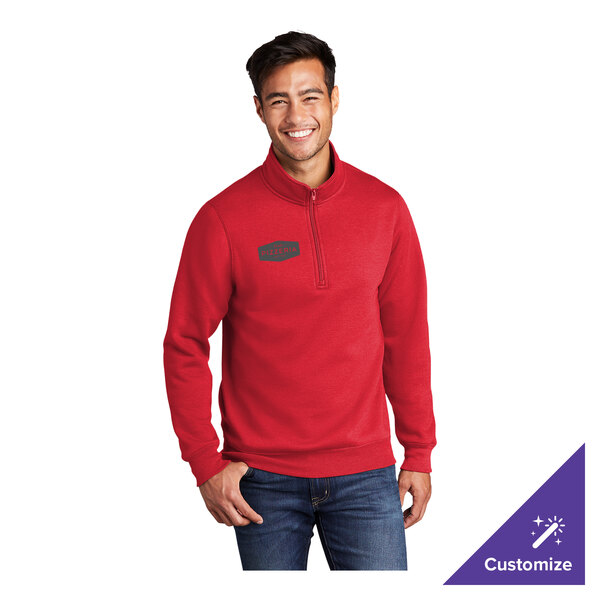 A red unisex quarter-zip fleece pullover sweatshirt in a large size, made from a cotton and polyester blend, with a customizable logo on the chest.