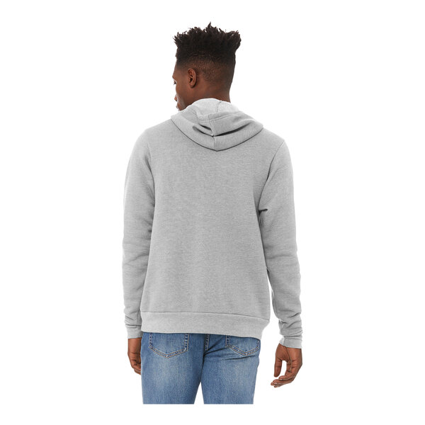 A man wearing a Bella + Canvas grey Sponge Fleece pullover hoodie.