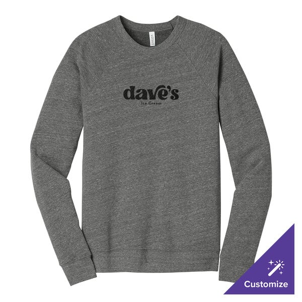 A gray unisex crewneck sweatshirt with 'dave's Ice Cream' printed on the front, made from a triblend of combed ring-spun cotton, polyester, and rayon.