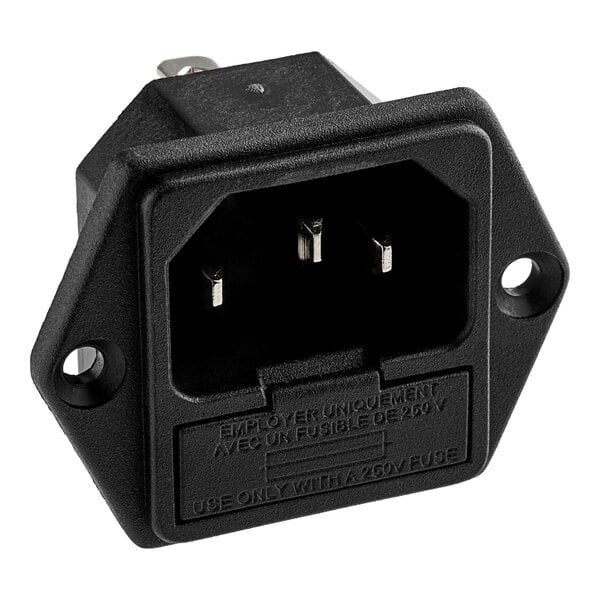 An Avantco power cord receptacle with a black electrical plug and silver screw.