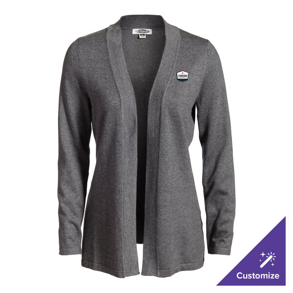A women's medium smoke heather shirttail cardigan made from a cotton, acrylic, and nylon blend, featuring a customizable logo on the chest.