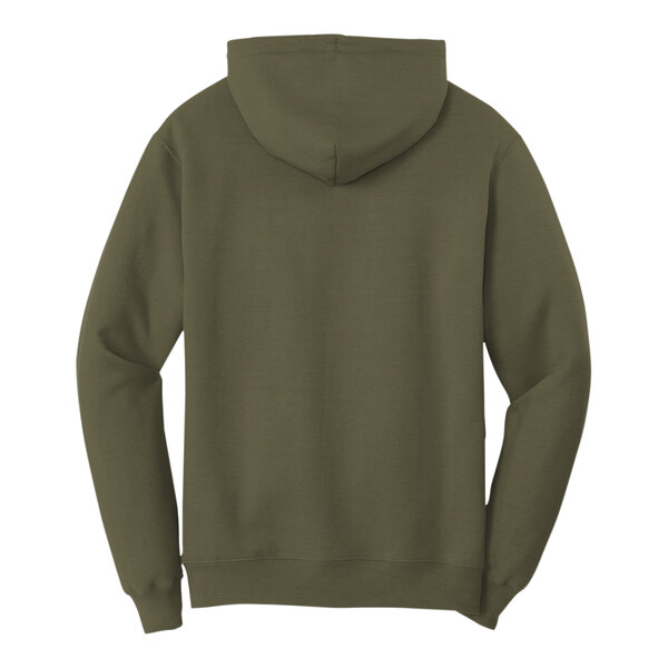 A back view of a Port & Company olive green hoodie.