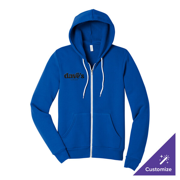 A royal blue unisex full-zip hoodie sweatshirt with a customizable logo on the chest and white drawstrings.