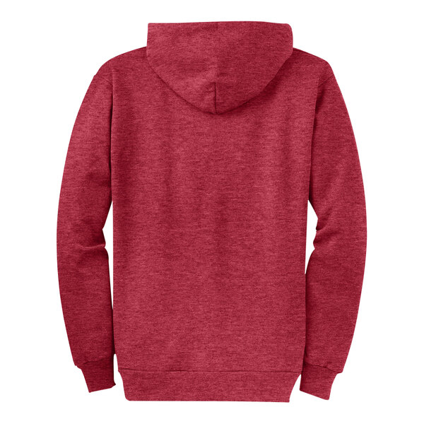 A heather red Port & Company Core Fleece full-zip hoodie with a hood.