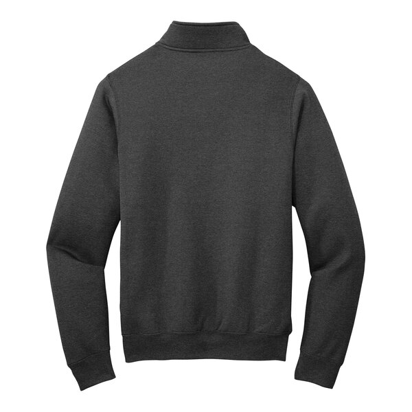 A dark heather gray Port & Company quarter-zip pullover sweatshirt with long sleeves.