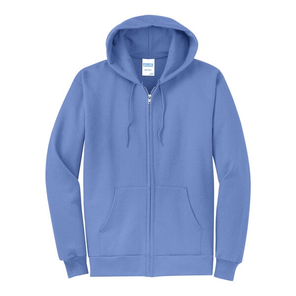 A Port & Company Carolina Blue zip up hoodie.